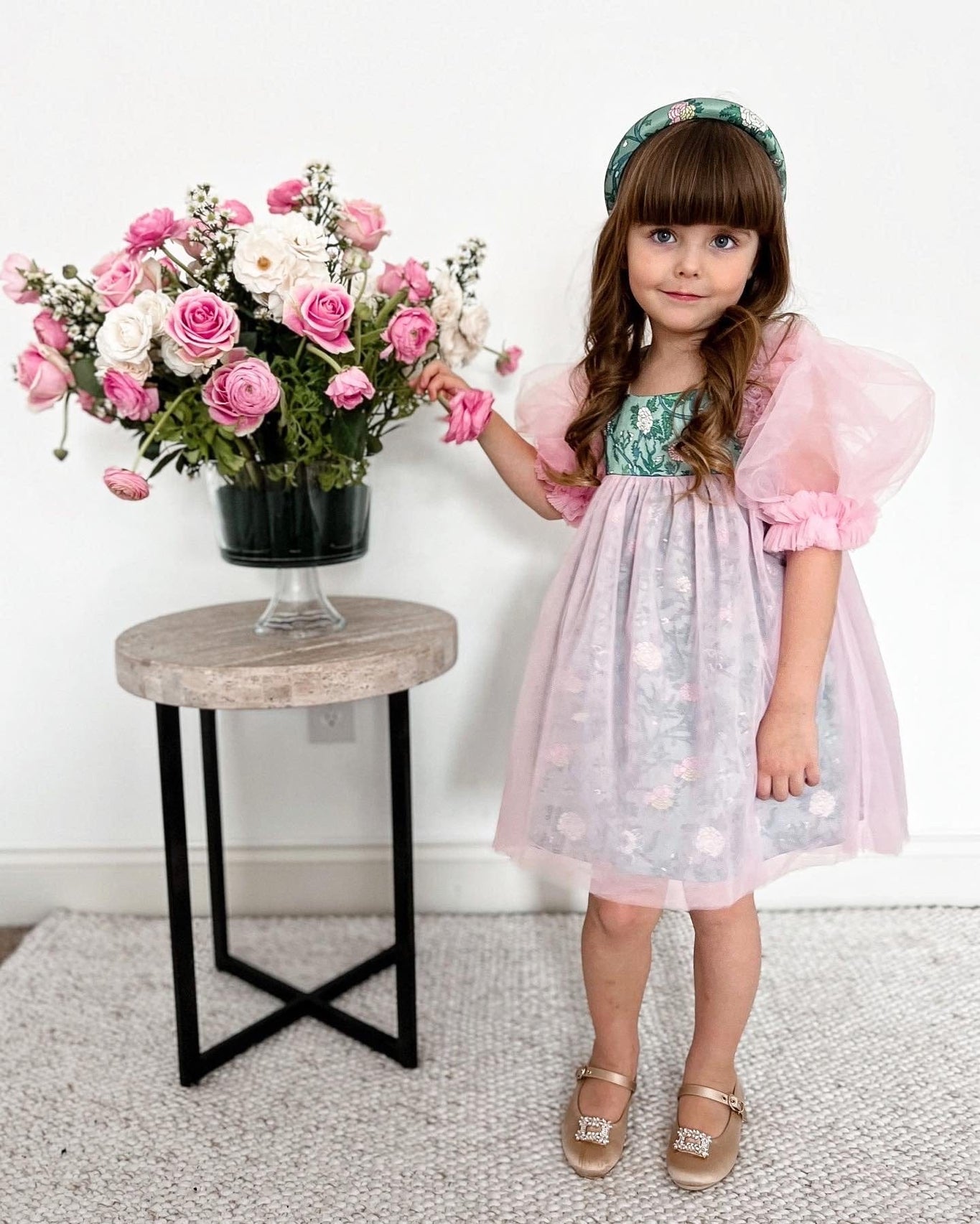 Girl | Eva And Floral Tulle Dress | Pink x Green