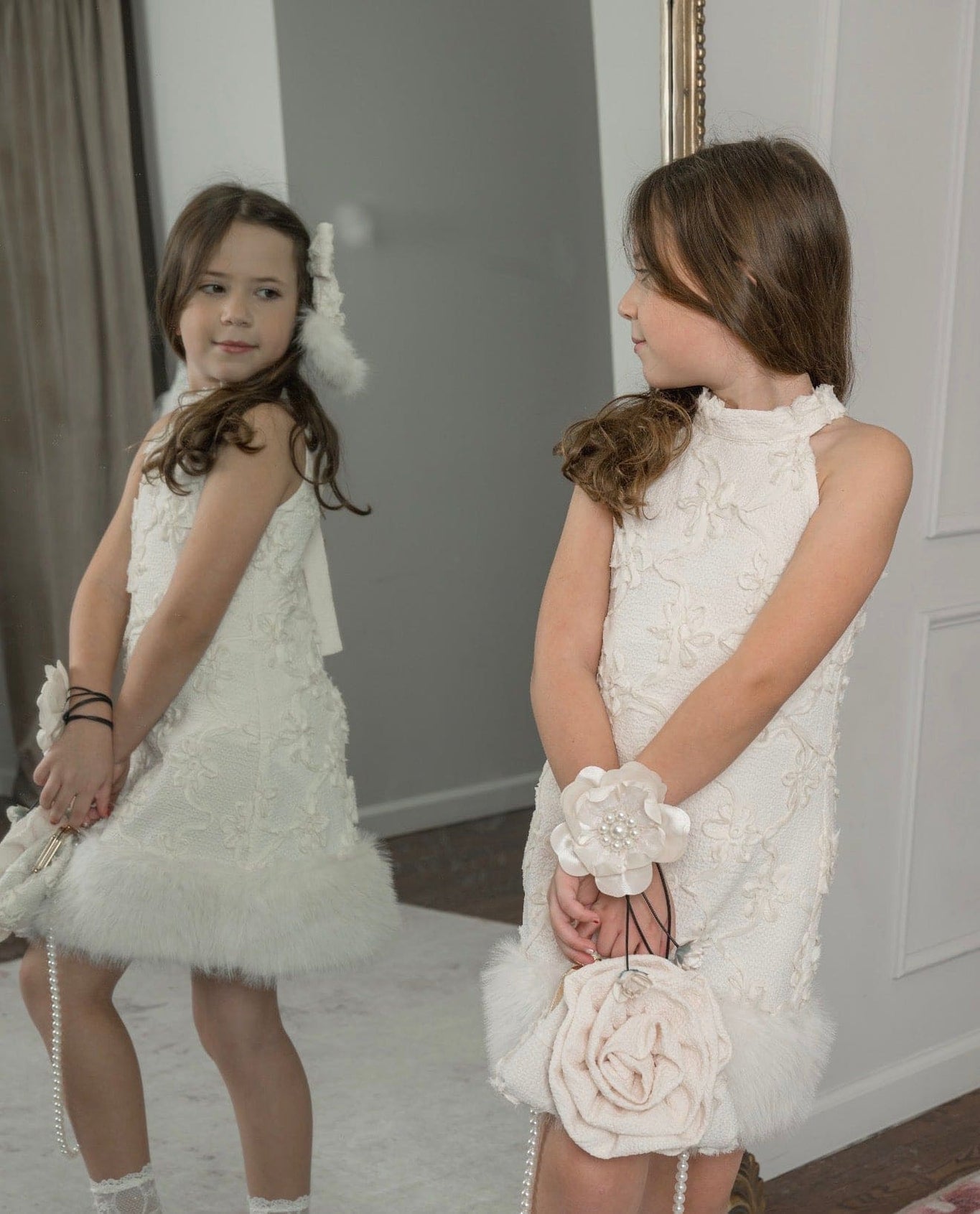 Girl | Evangeline Ivory Flower Tie With Pearl Center and Flower Tassels | Champagne