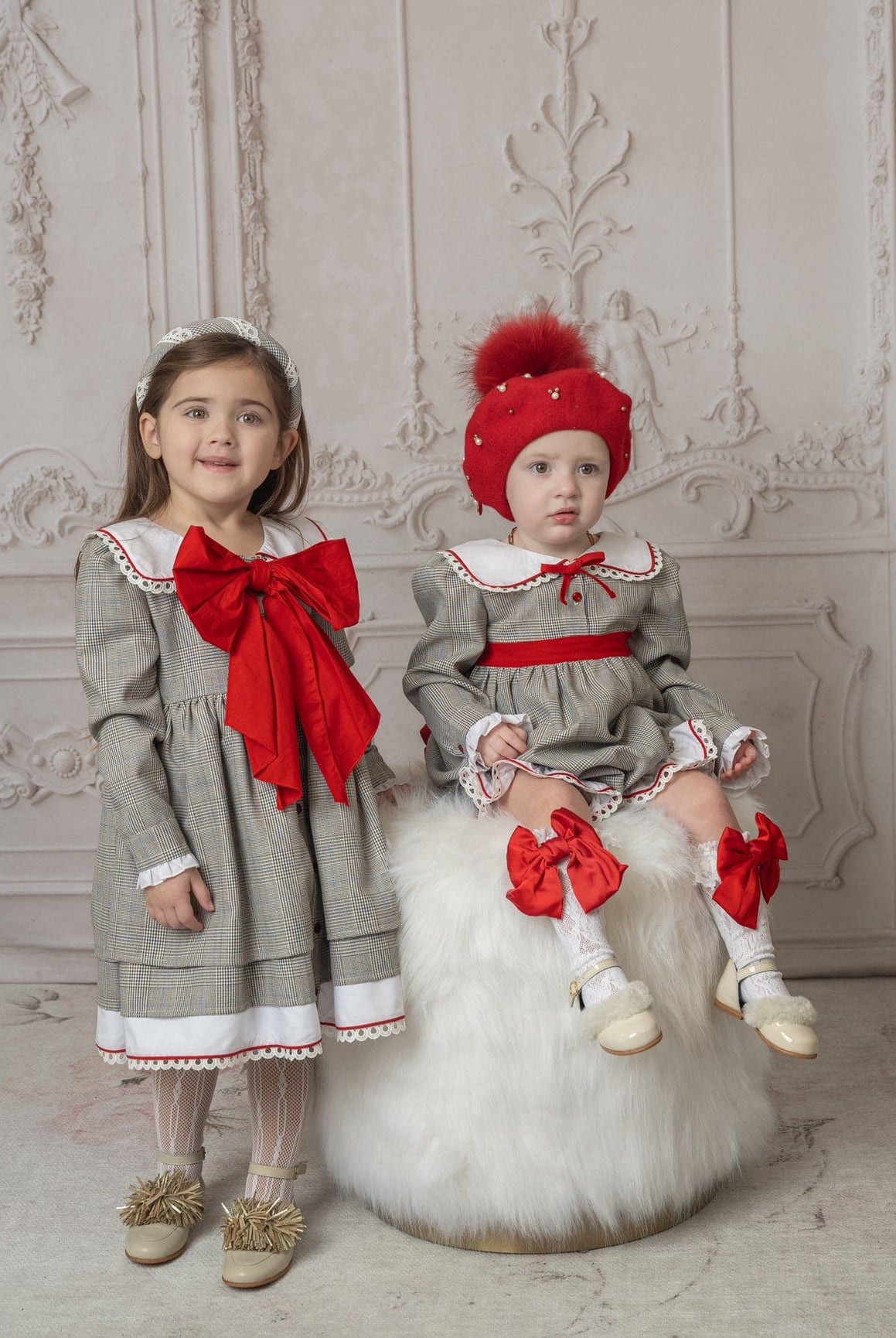 Girl | Georgina Tartan Print Dress with Bow | White x Black x Red