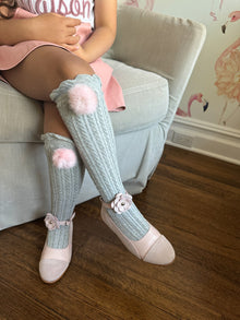 Girl | Grey Knee High Socks with Poms Pom | Gray x Pink