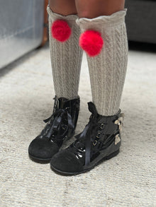 Girl | Grey Knee High Socks with Poms Pom | Gray x Red
