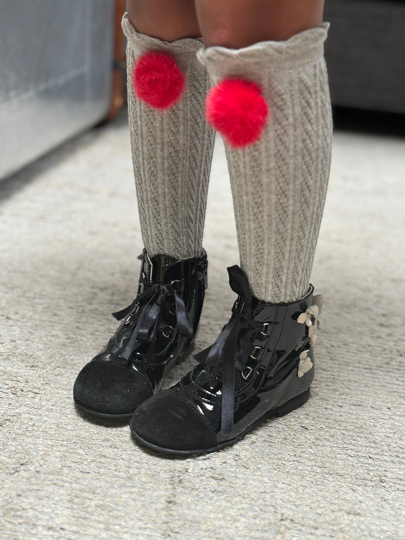 Girl | Grey Knee High Socks with Poms Pom | Gray x Red