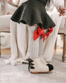 Girl | Grey Knee High Socks with Velvet Bows | Gray x Red