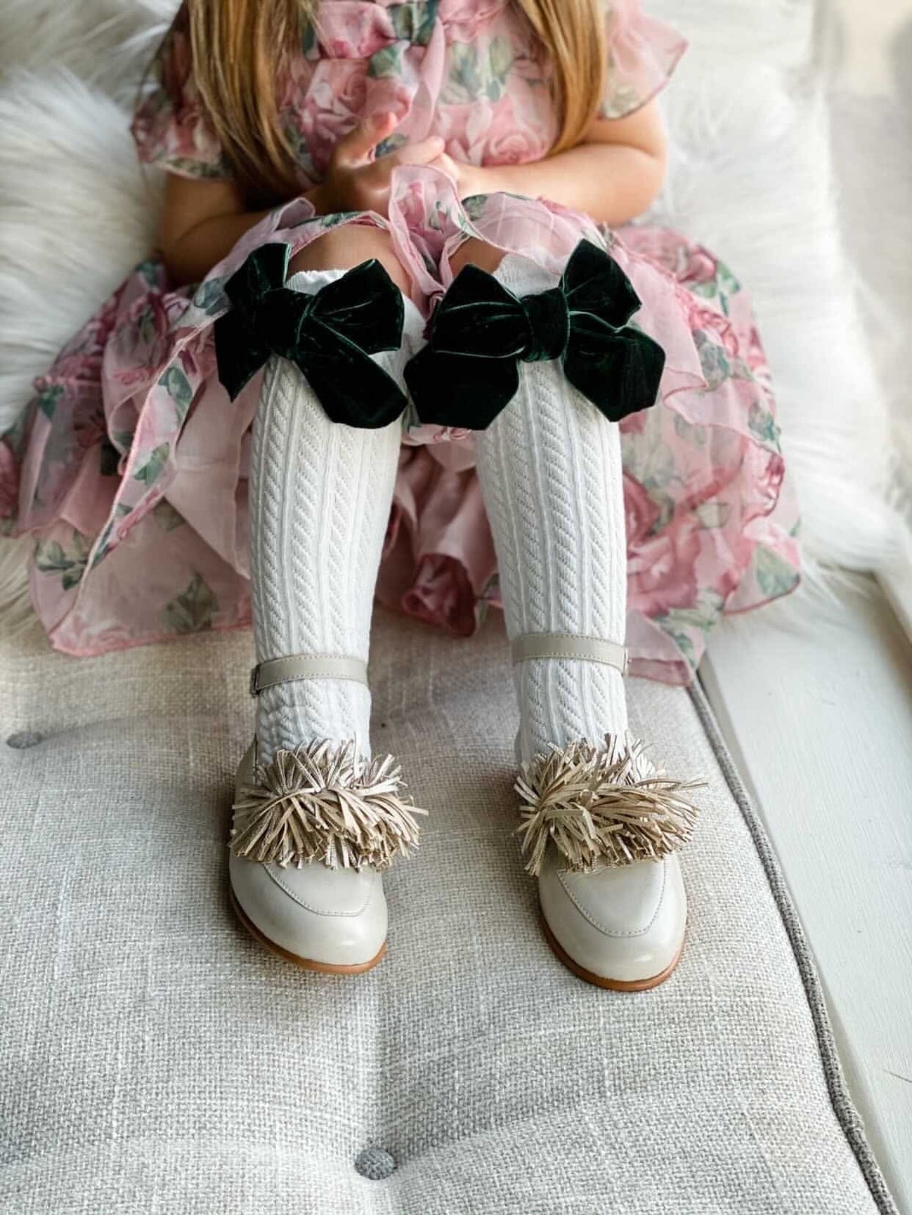 Girl | Knee High Socks Royal Bow | White x Green