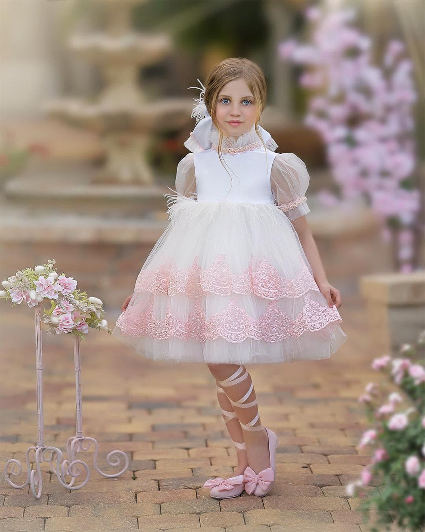 Girl | Laila Embroidered Feather Dress | White x Pink