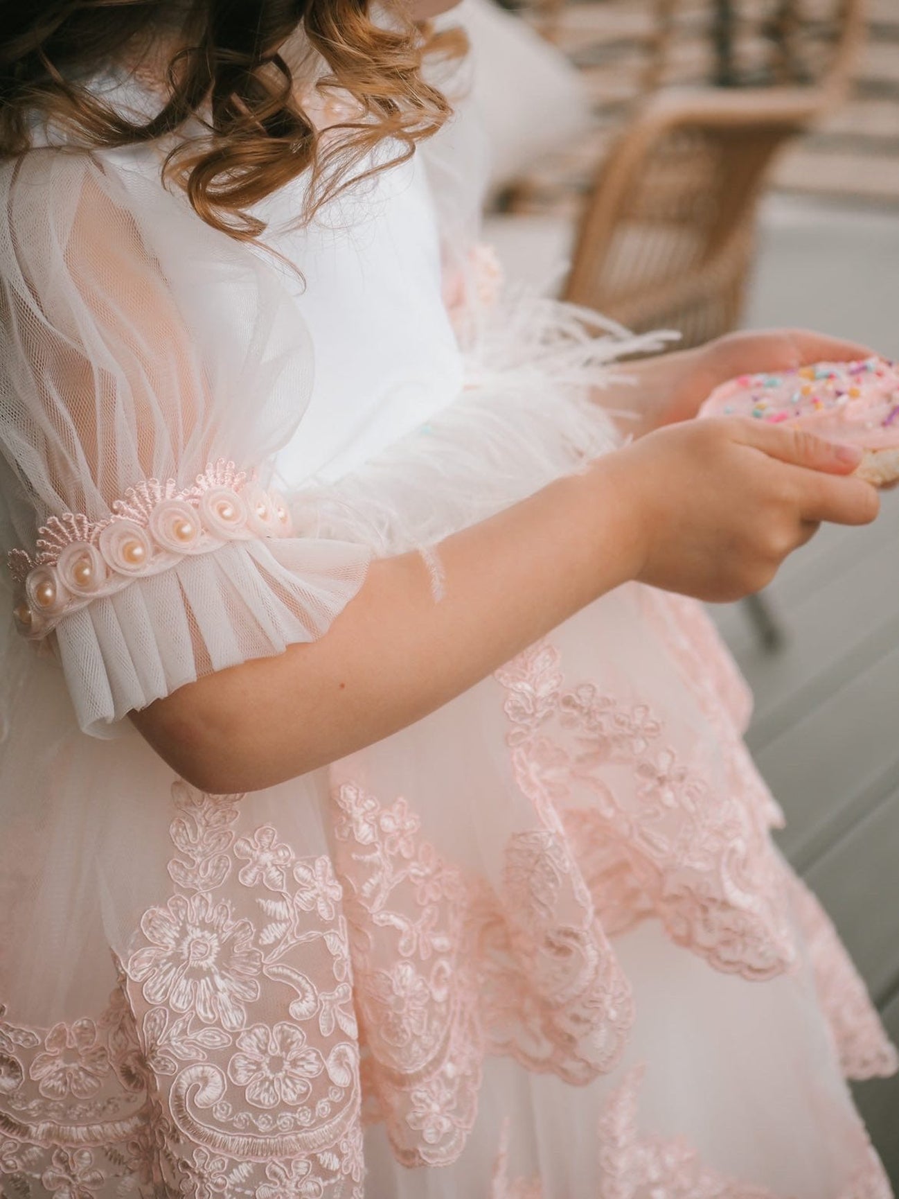 Girl | Laila Embroidered Feather Dress | White x Pink