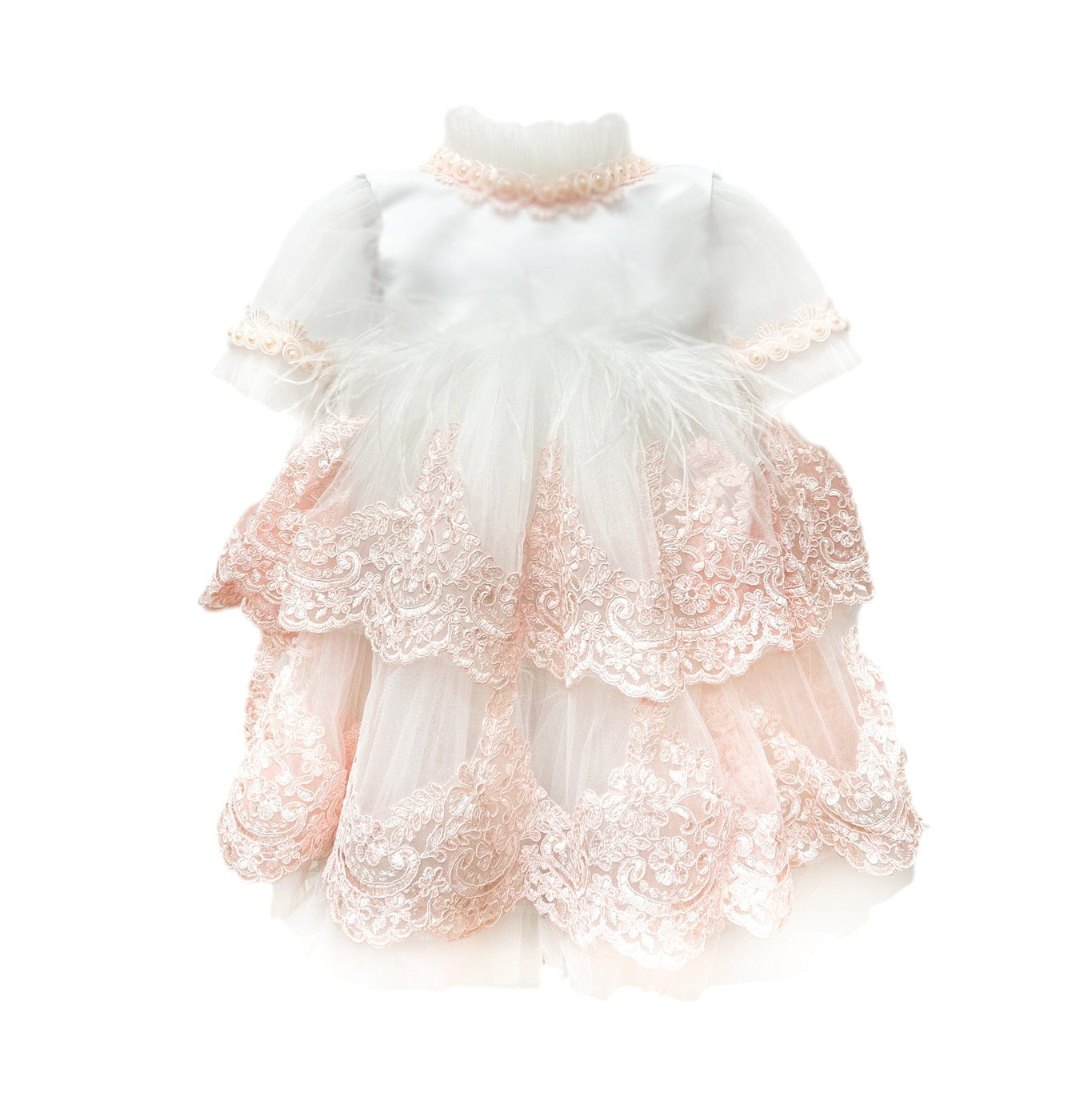 Girl | Laila Embroidered Feather Dress | White x Pink