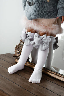 Girl | Lana Ruffle Socks with Poms and Bows Bow | White x Silver