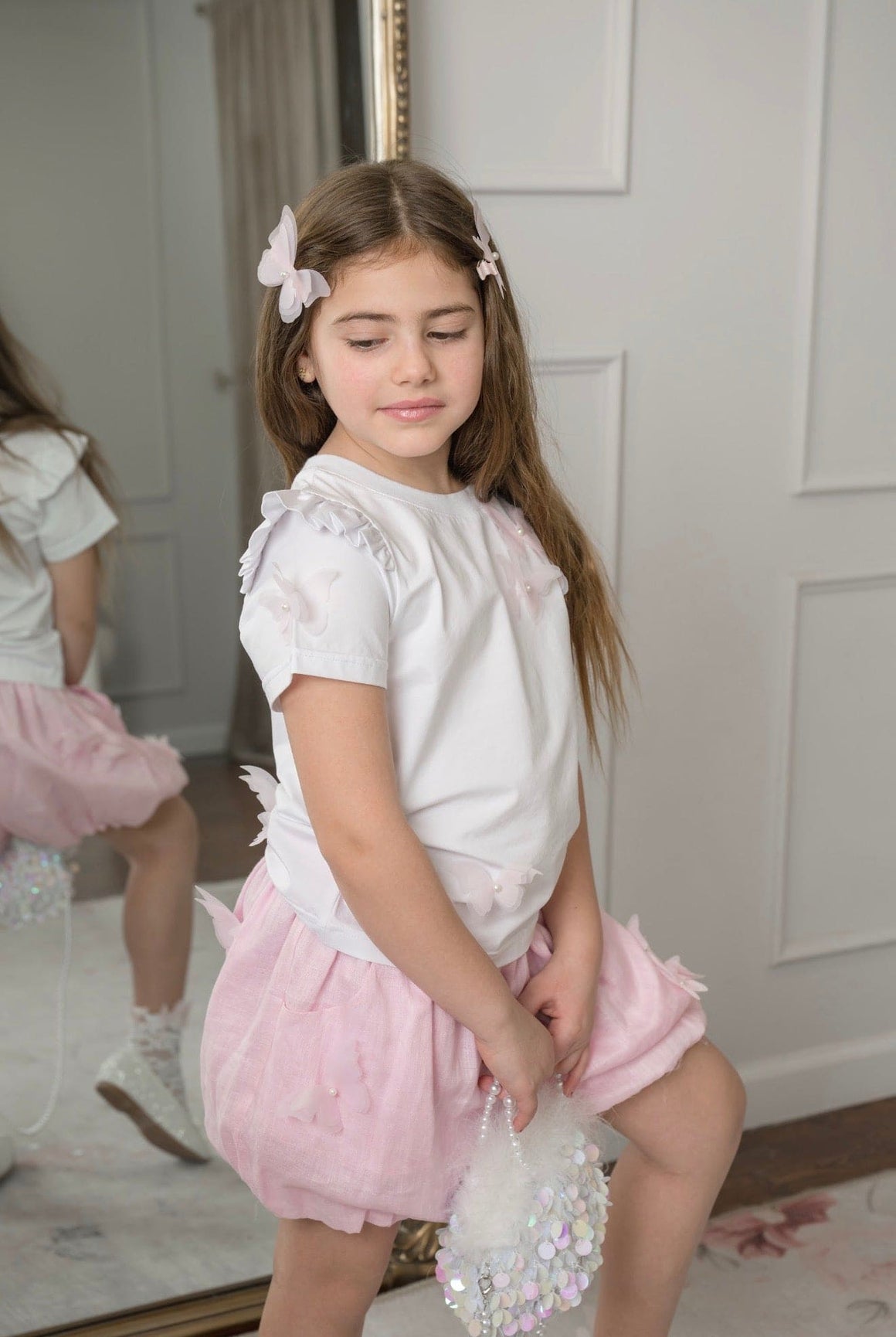 Girl | Pink Butterfly Bubble Linen Shorts
