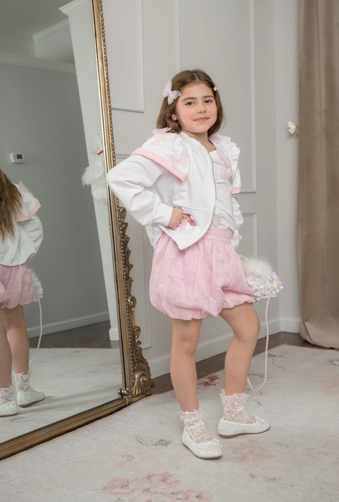 Girl | Pink Butterfly Bubble Linen Shorts