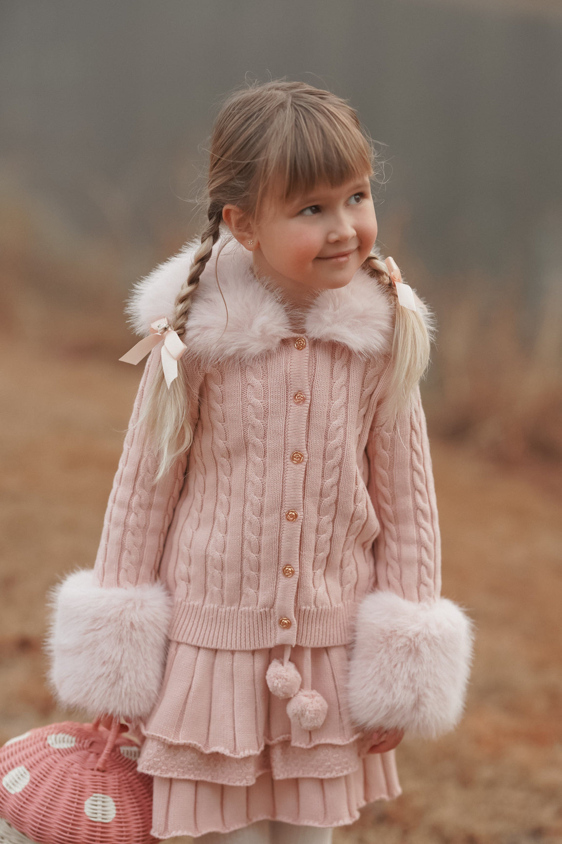 Girl | Pink Cableknit Faux Fur Cotton Cardigan
