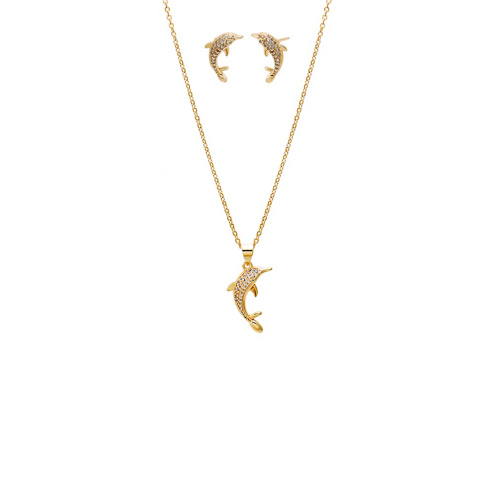Gold Pave Dolphin Earring & Necklace Combo Set - Adina's Jewels
