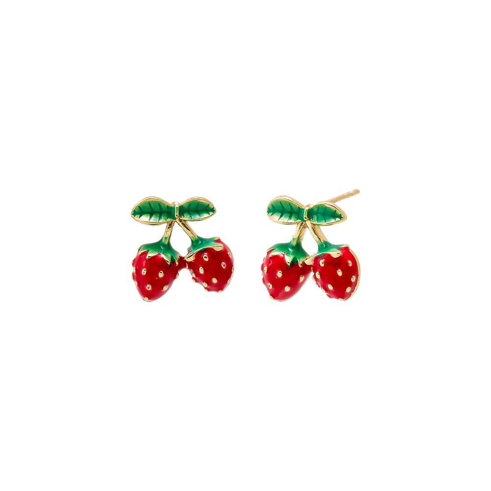 Red Red & Green Enamel Double Strawberry Stud Earring - Adina's Jewels