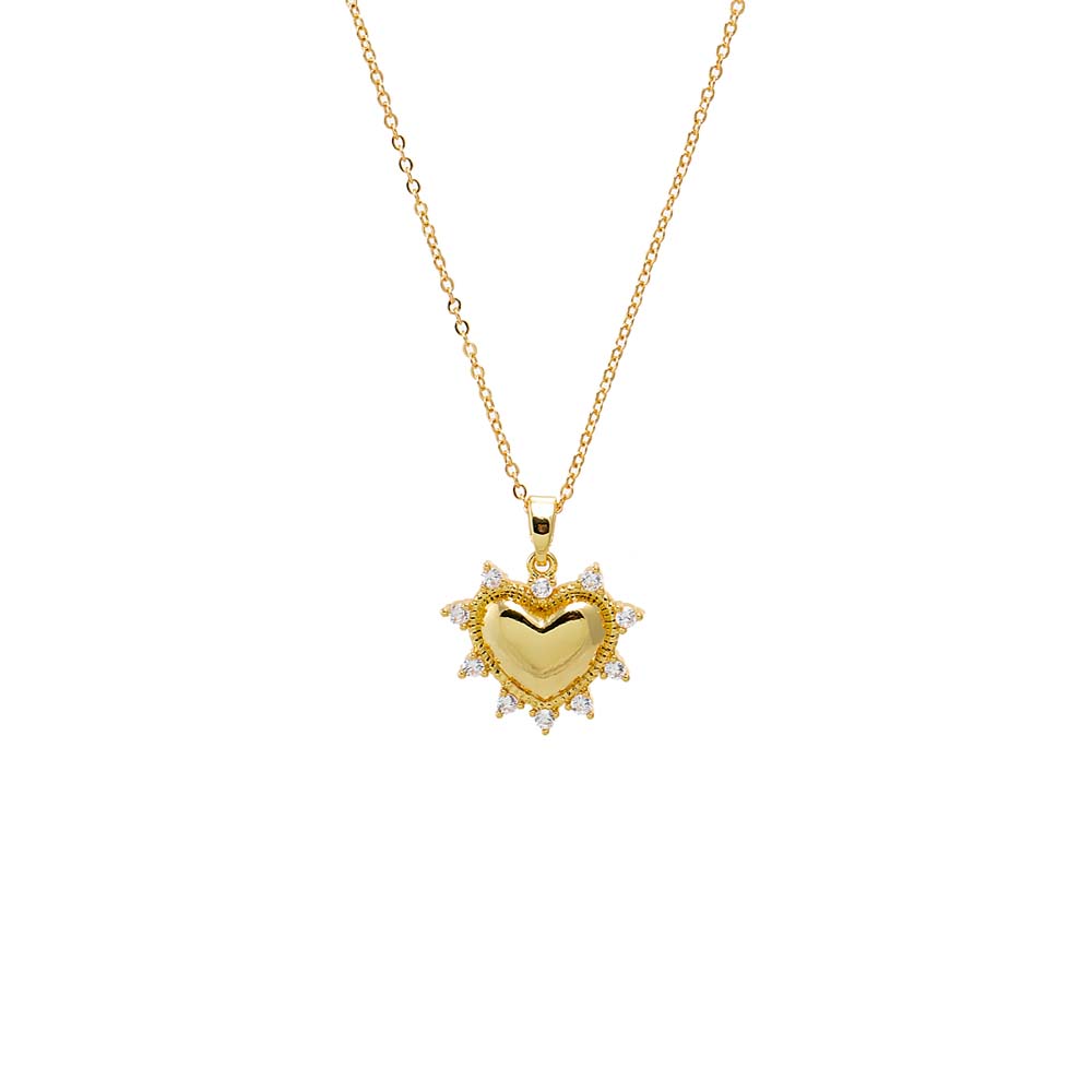 Gold CZ Rimmed Puff Heart Pendant Necklace - Adina's Jewels