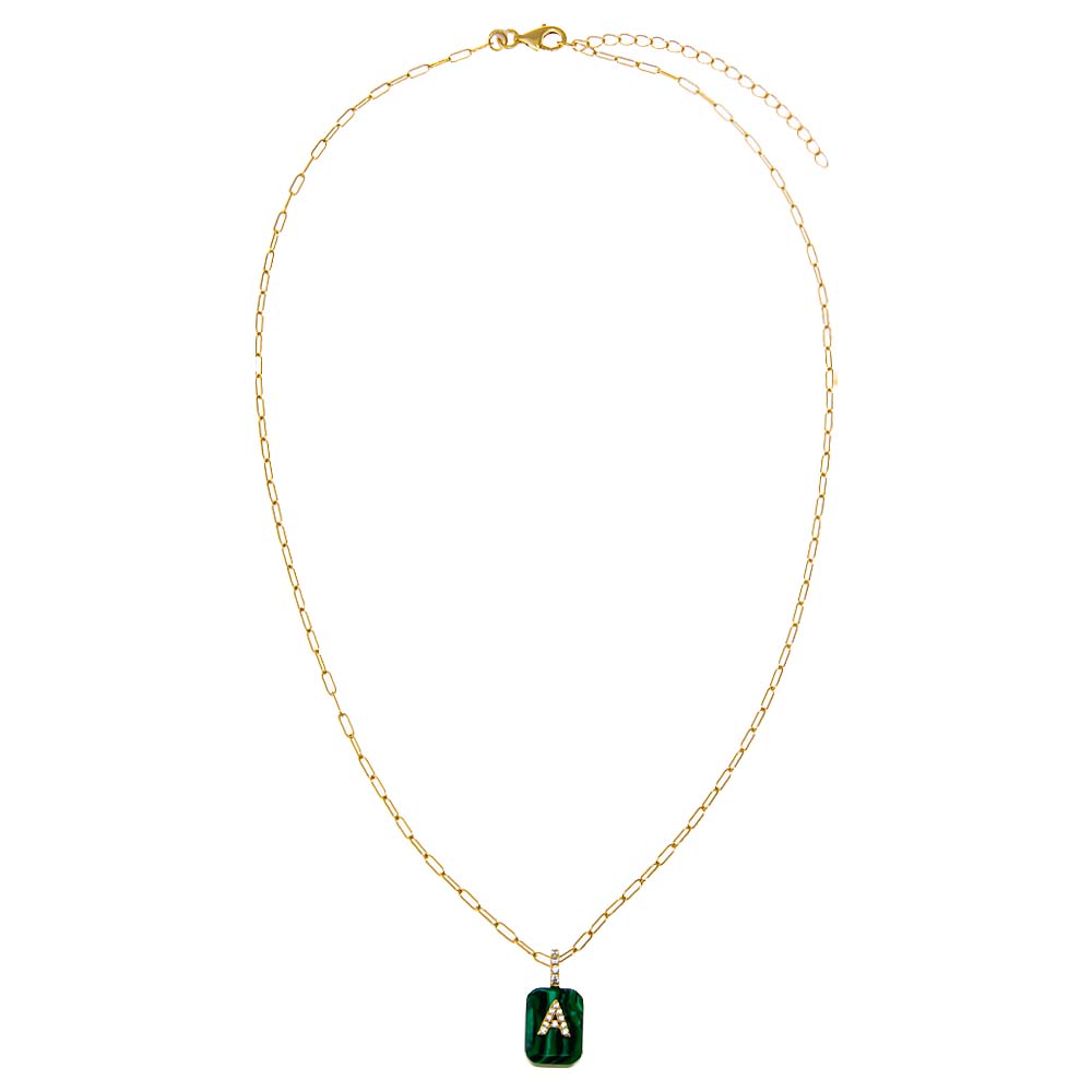 Pave Initial X Malachite Dog Tag Necklace - Adina's Jewels