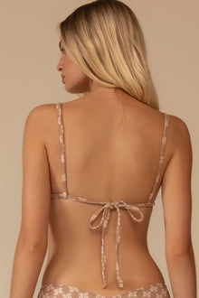 Rose lace bikini top with thin adjustable straps and tie-back closure, shown from behind.