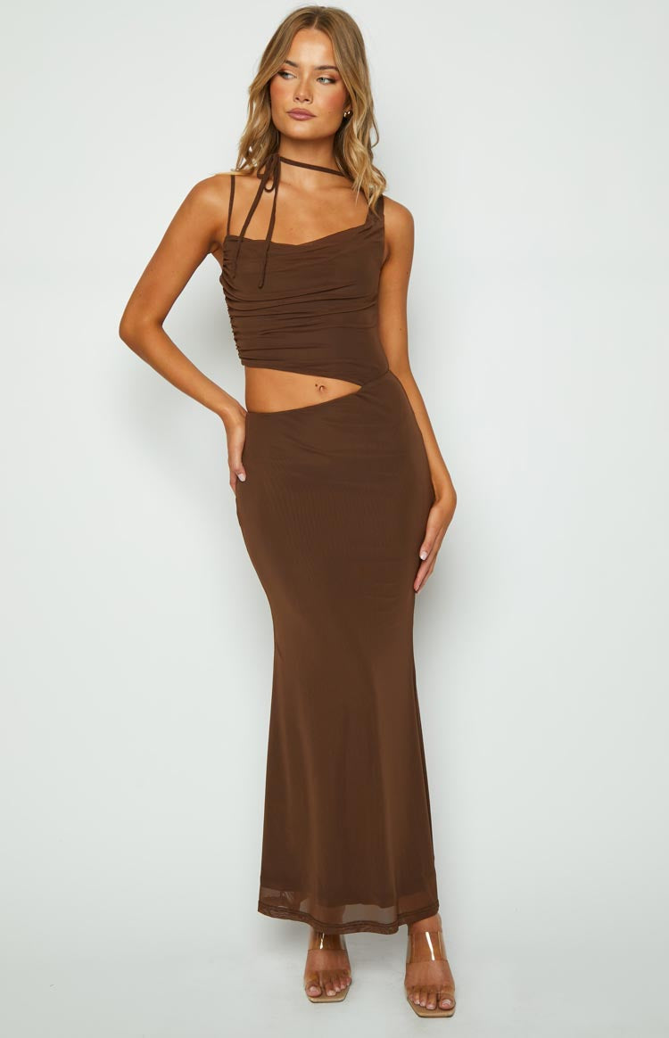 Graciela Tie Neck Mesh Maxi Dress | Brown
