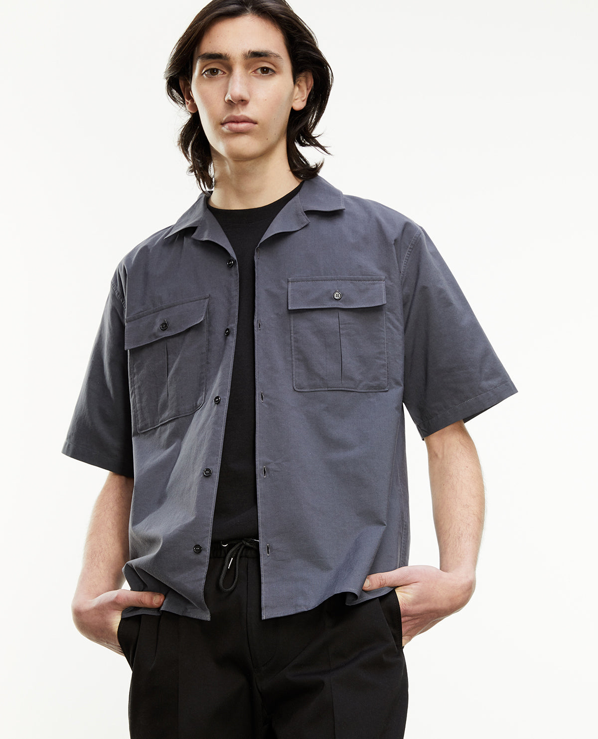 Charcoal Gray Cotton Shirt With Pockets | Men | Dark Grey