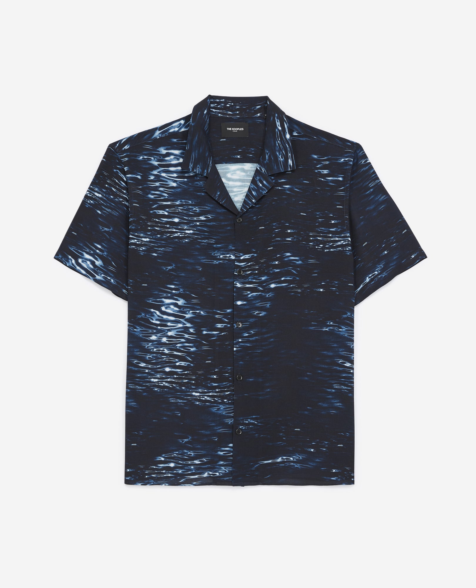 Buttoned Hawaiian-Collar Shirt With Motif | Men | Black x Eletric Blue