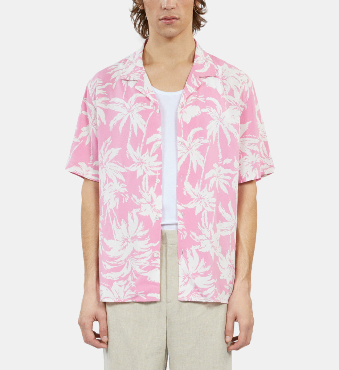 Palm Tree Print Short Sleeve Shirt | Men | Pink x White