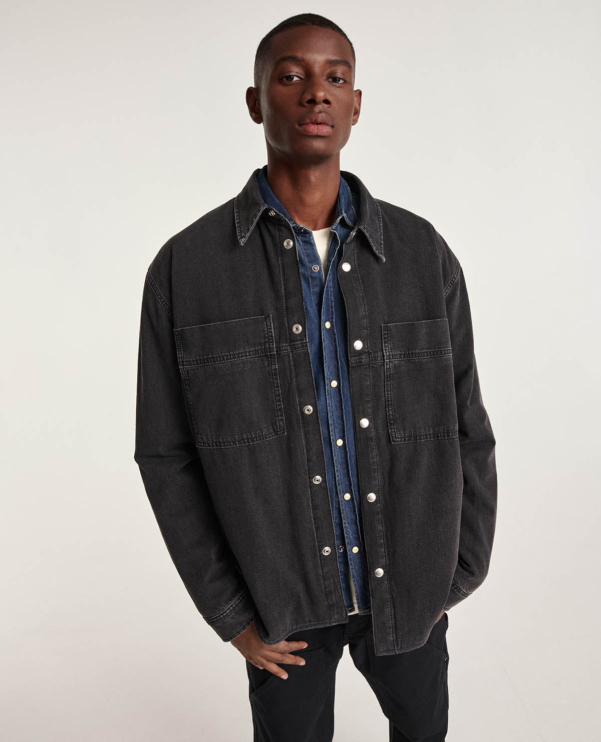 Denim Shirt With Check Lining | Men | Black Washed