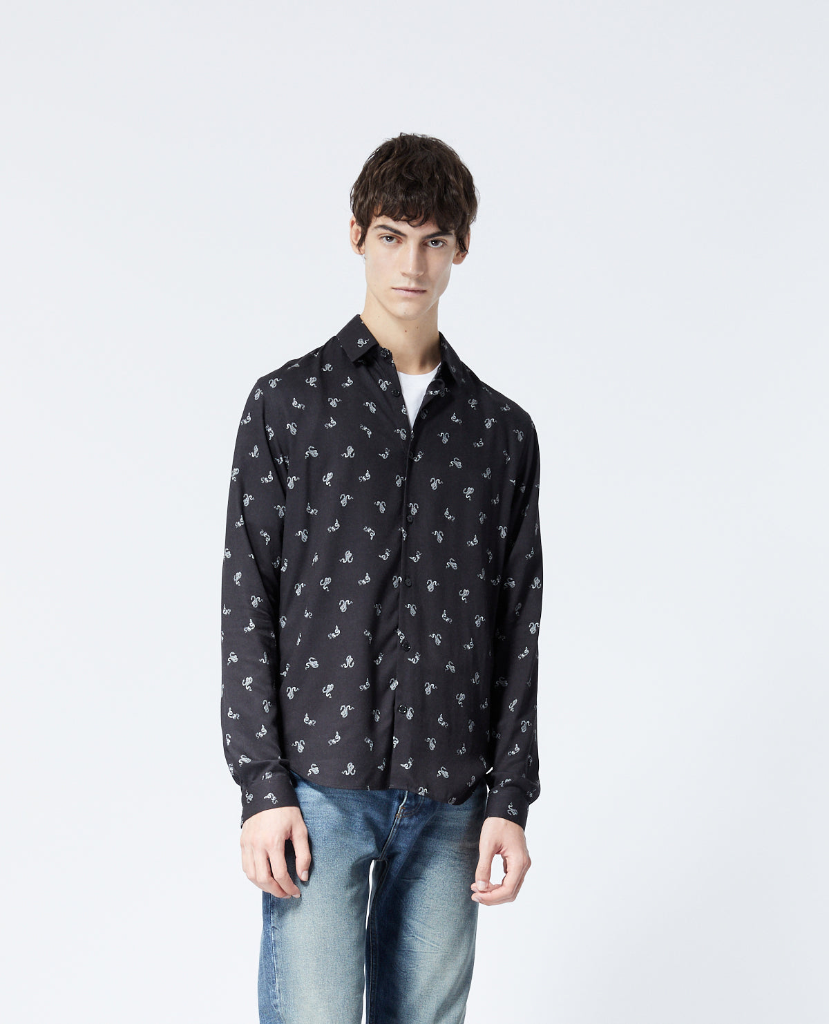 Classic-Collar Shirt With Motif | Men | Black x White