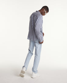 Buttoned Flowing Shirt With Stripes | Men | Night Blue x Bleu Ocean