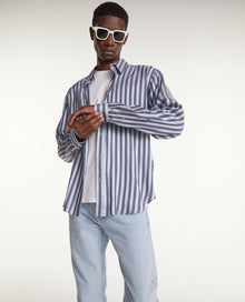 Buttoned Flowing Shirt With Stripes | Men | Night Blue x Bleu Ocean