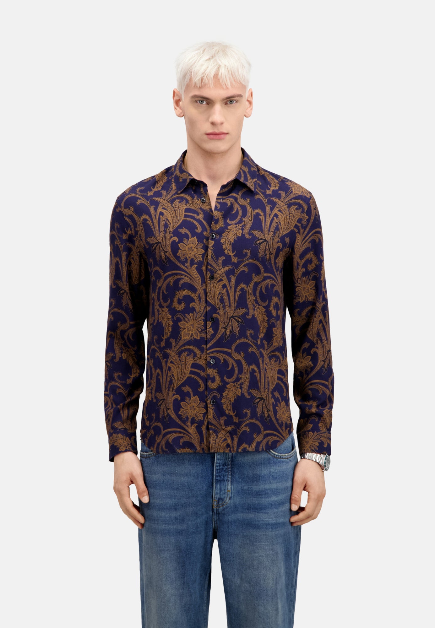 Printed Long Sleeve Shirt | Men | Navy x Brown