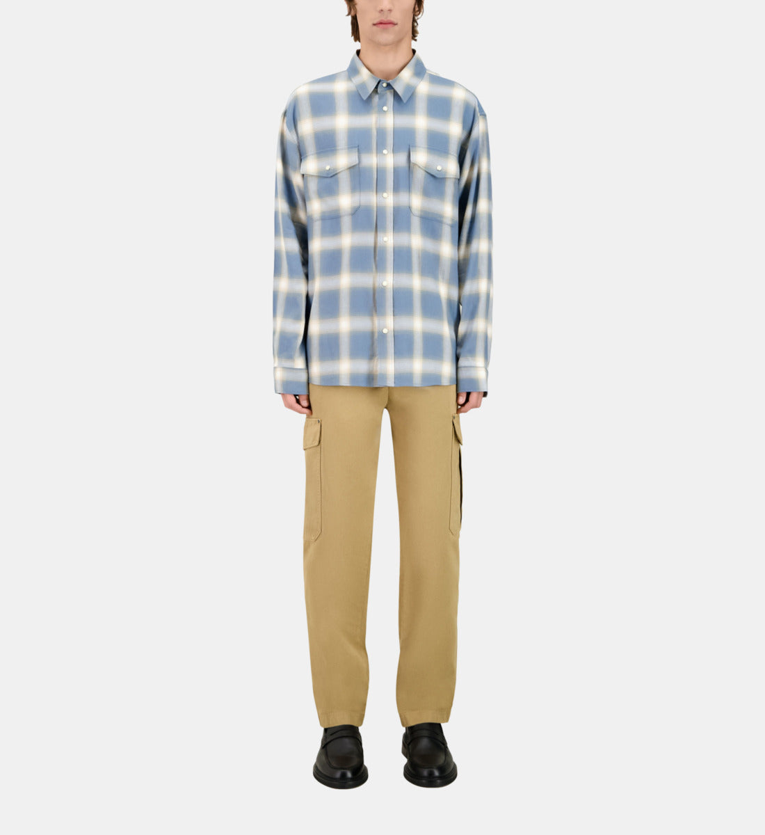 Light And Gray Checked Long Sleeve Shirt | Men | Blue Grey