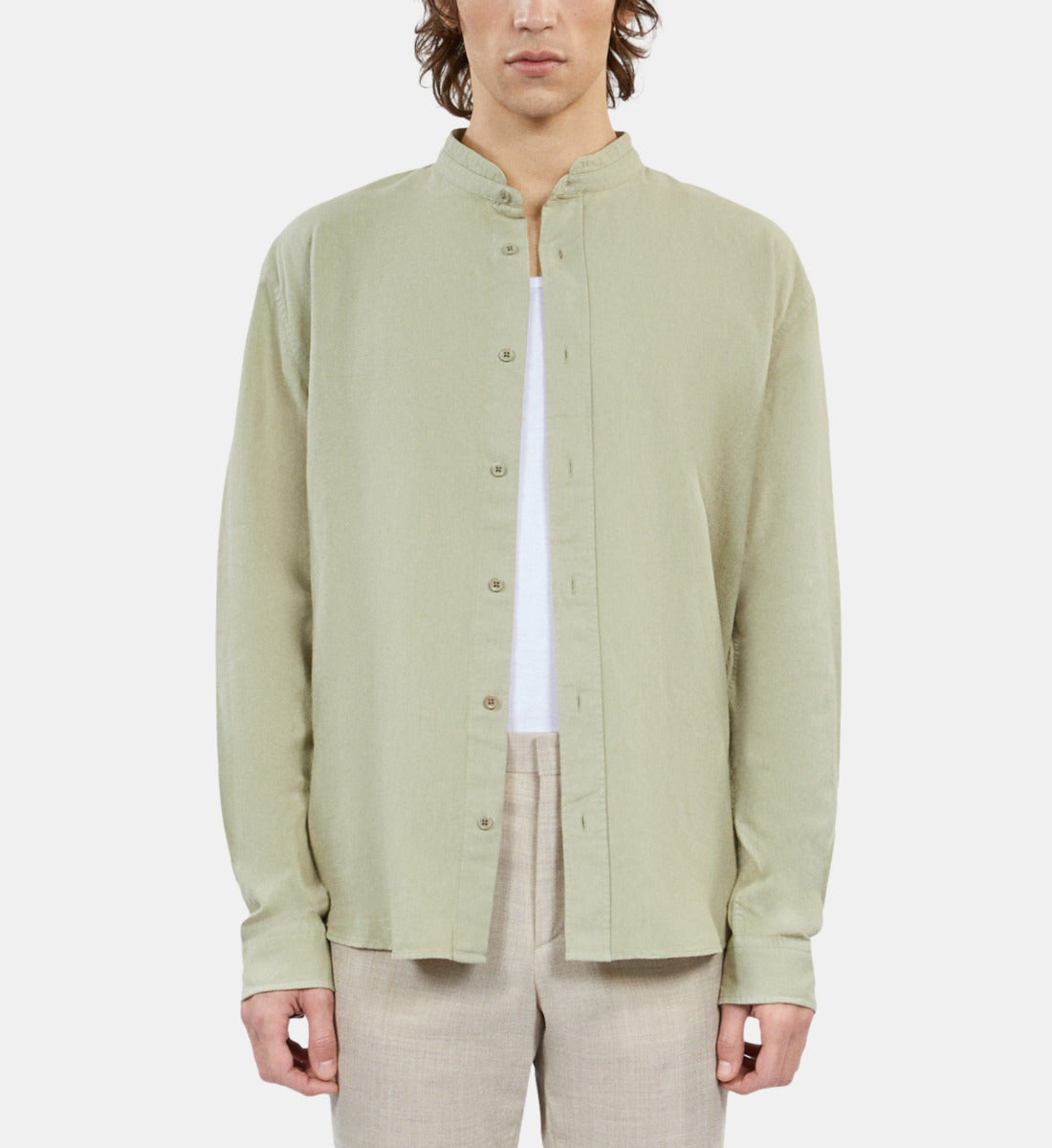 Light Green Cotton And Linen Shirt | Men | Khaki Grey