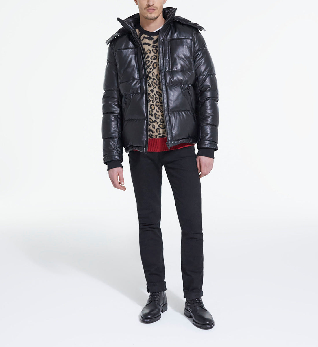 Leather Down Jacket With Straps | Men | Black