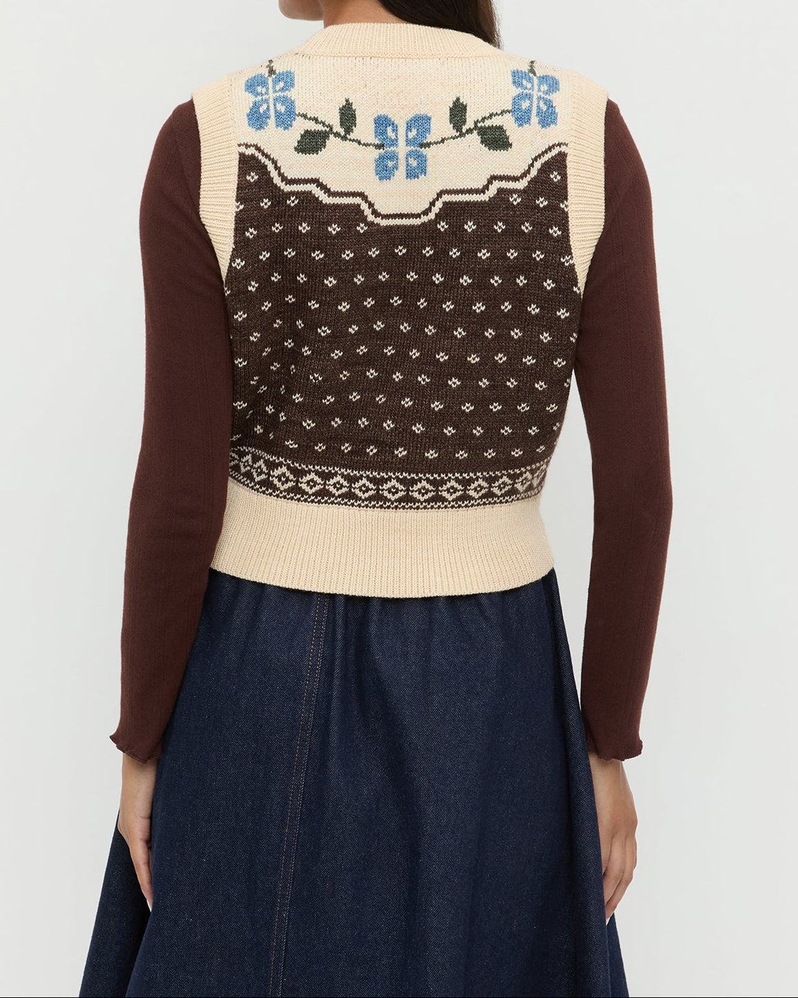 Heather Sweater Vest in Brown and Cream Floral wool, Lolo Pointelle Long Sleeve in brown espresso, and Ruthie Denim Skirt in dark blue.