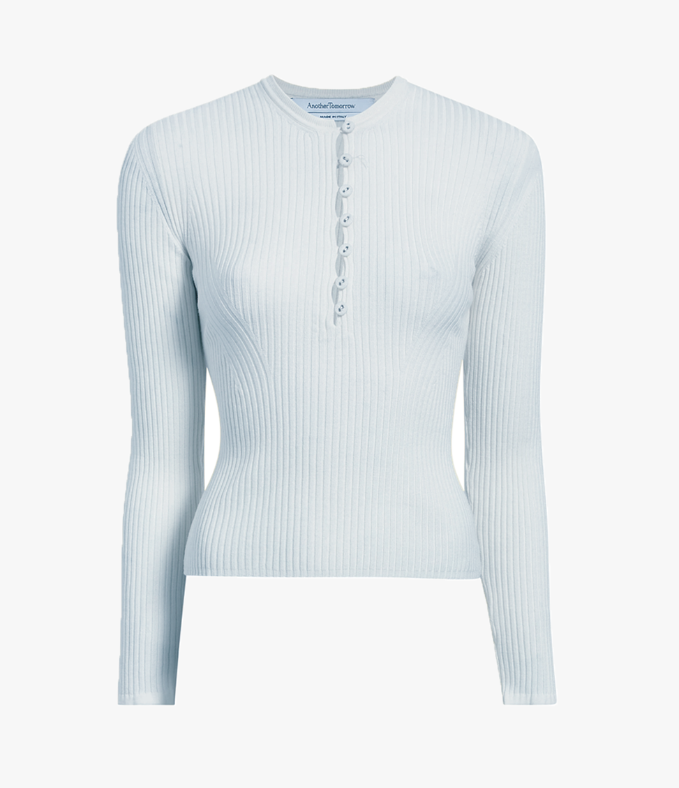 Another Tomorrow Ribbed Henley in Sky – Wool Women's Knitwear