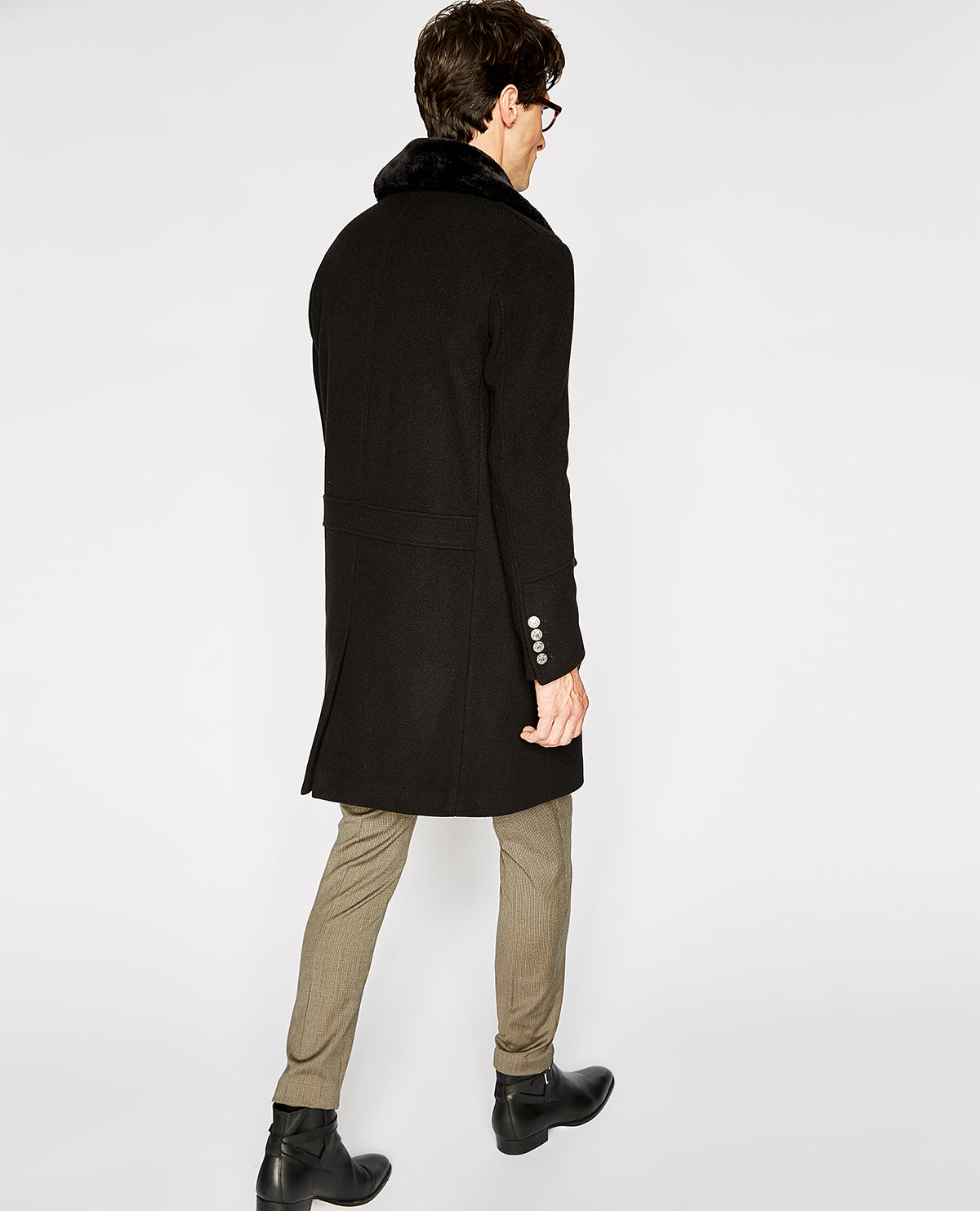 Straight Coat With Faux Fur Collar | Men | Black