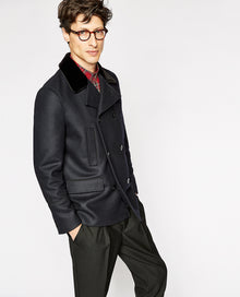 Blue Pea Coat With Velvet Collar | Men | Dark Navy