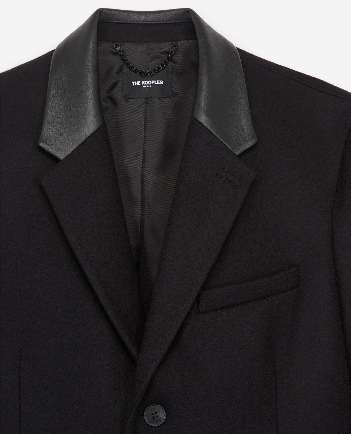 Long Wool Coat W/Leather Lapel Collar | Men | Black