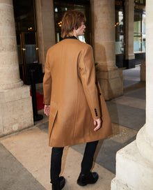 Leather Collar Belted Long Wool Coat | Men | Camel