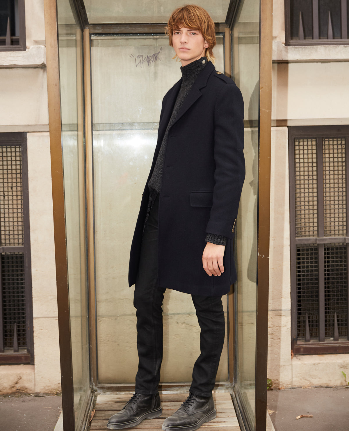 Straight Fit Wool Coat With Martingale Belt | Men | Navy