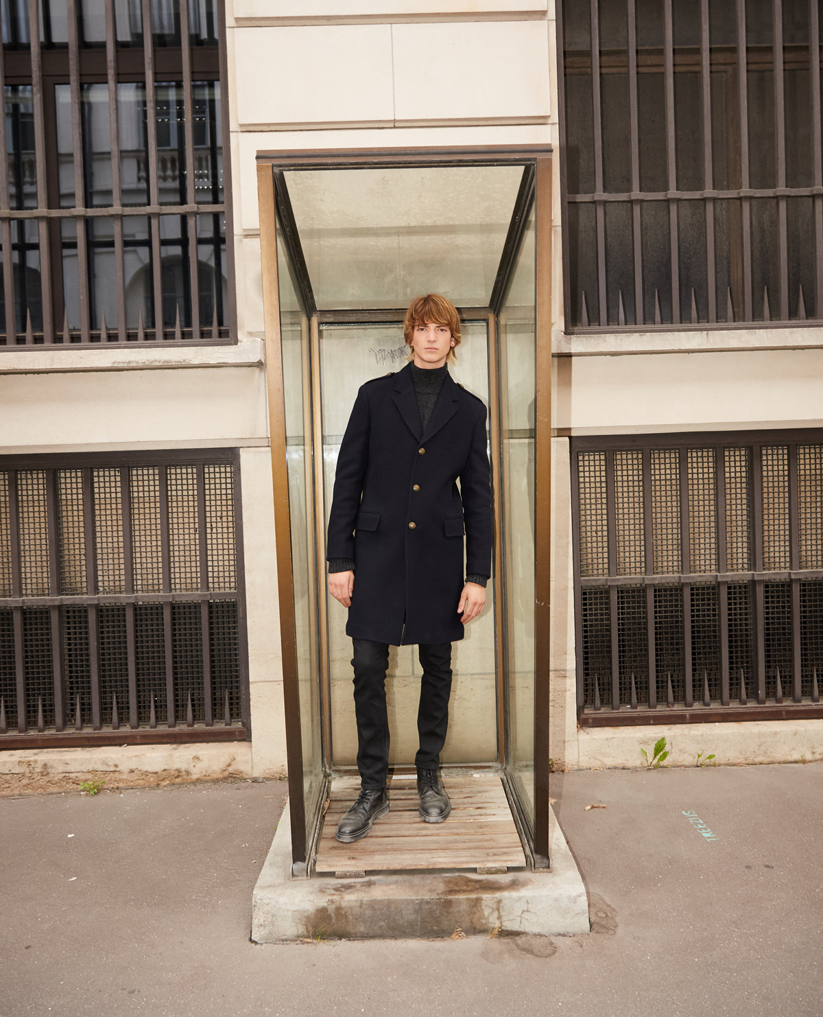 Straight Fit Wool Coat With Martingale Belt | Men | Navy