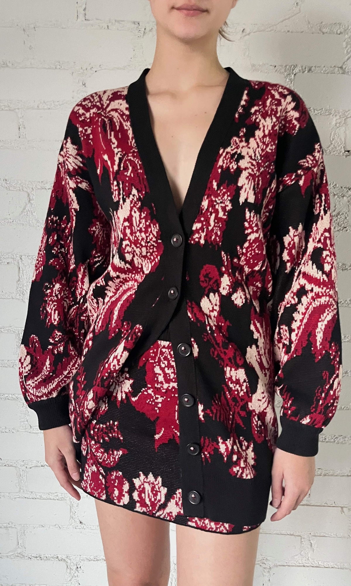 Hemant And Nandita | Aafa Jacquard Cotton Cardigan | Burgundy Floral