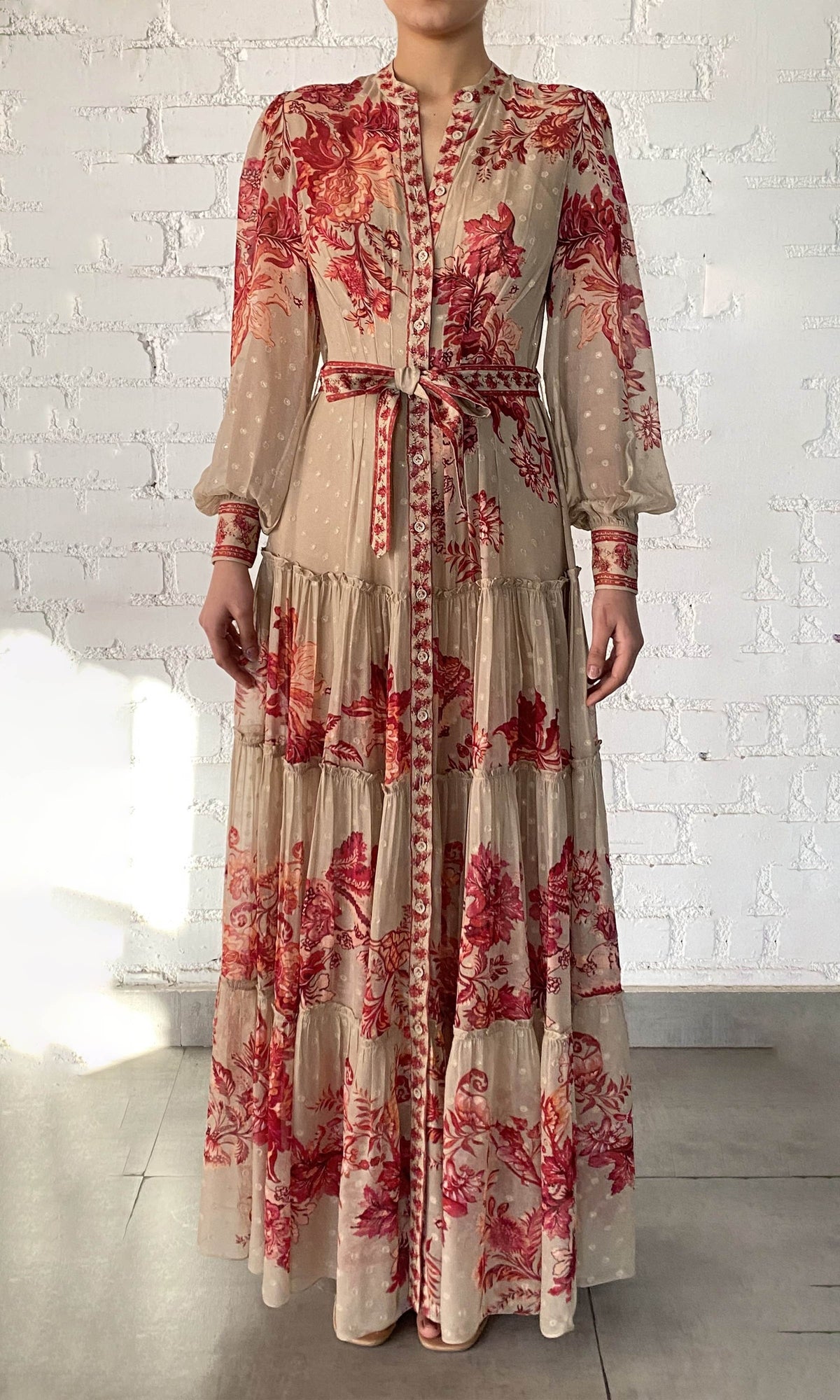 Womens | Aafa Viscose Georgette Stripe Lurex Long Shirt Dress With Tie Up Belt And Slip | Red Beige