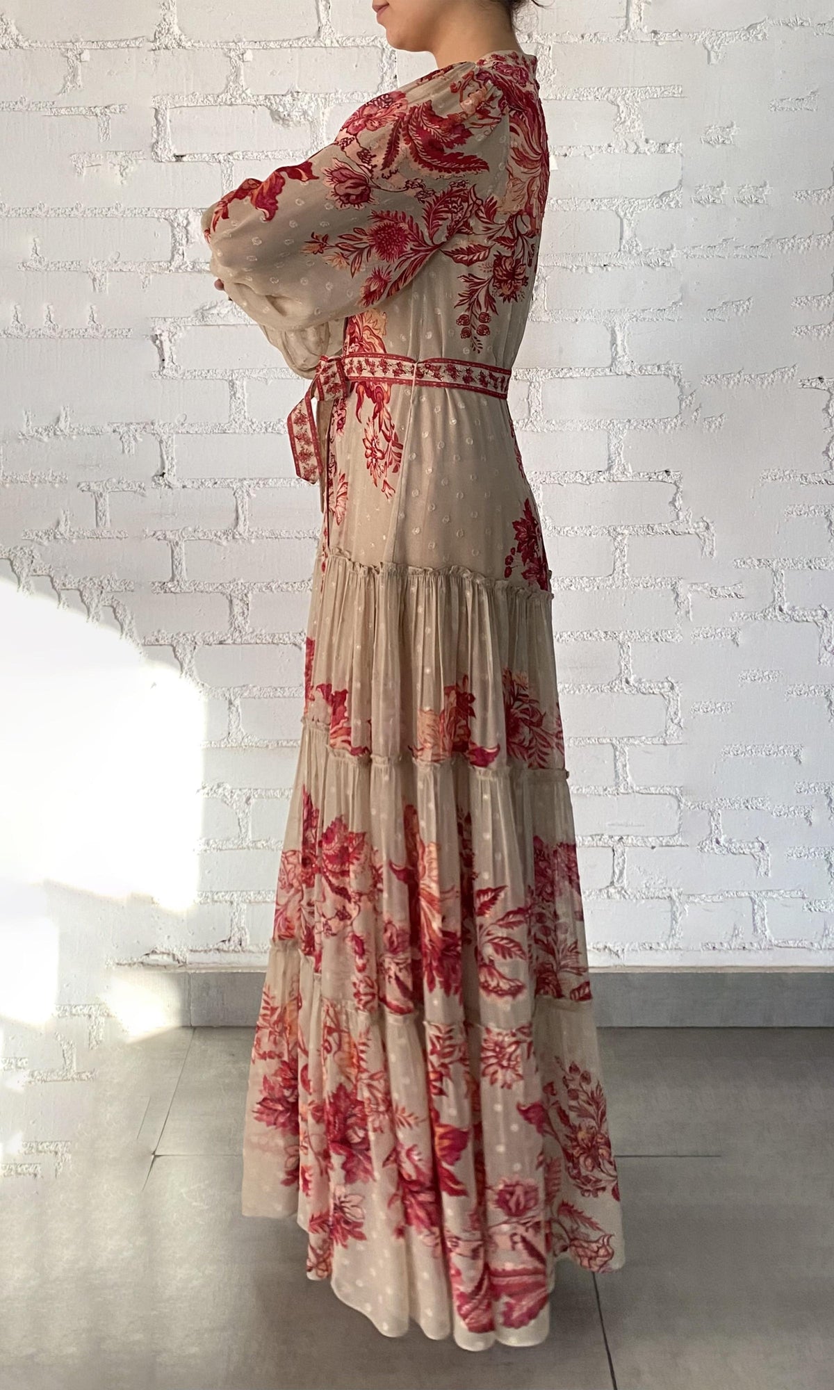 Womens | Aafa Viscose Georgette Stripe Lurex Long Shirt Dress With Tie Up Belt And Slip | Red Beige