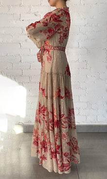Hemant And Nandita | Aafa Viscose Georgette Stripe Lurex Long Shirt Dress With Tie Up Belt And Slip | FA24 | Red Beige