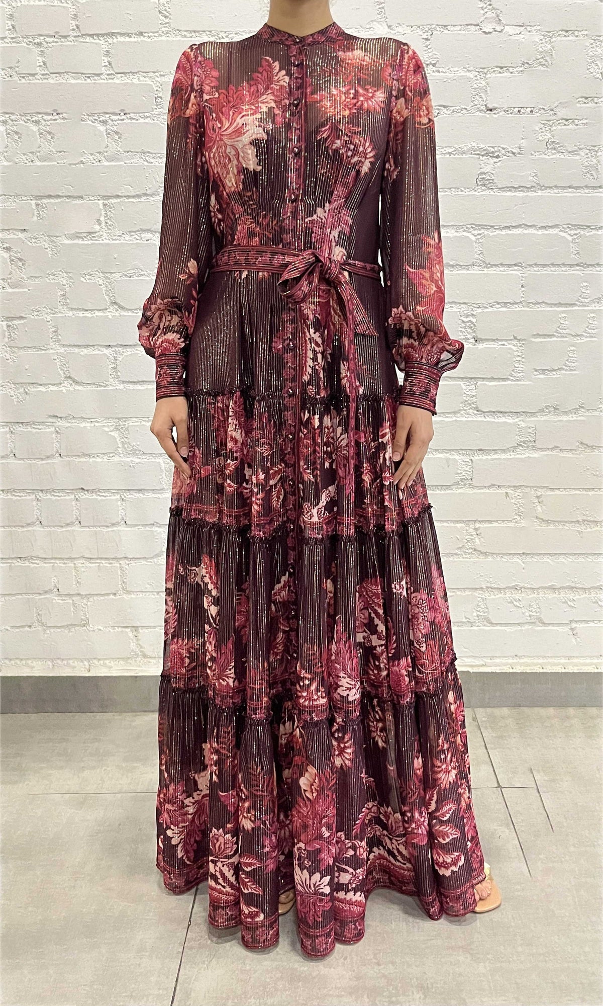 Hemant And Nandita | Aafa Viscose Georgette Stripe Lurex Long Shirt Dress With Tie Up Belt And Slip | Burgundy