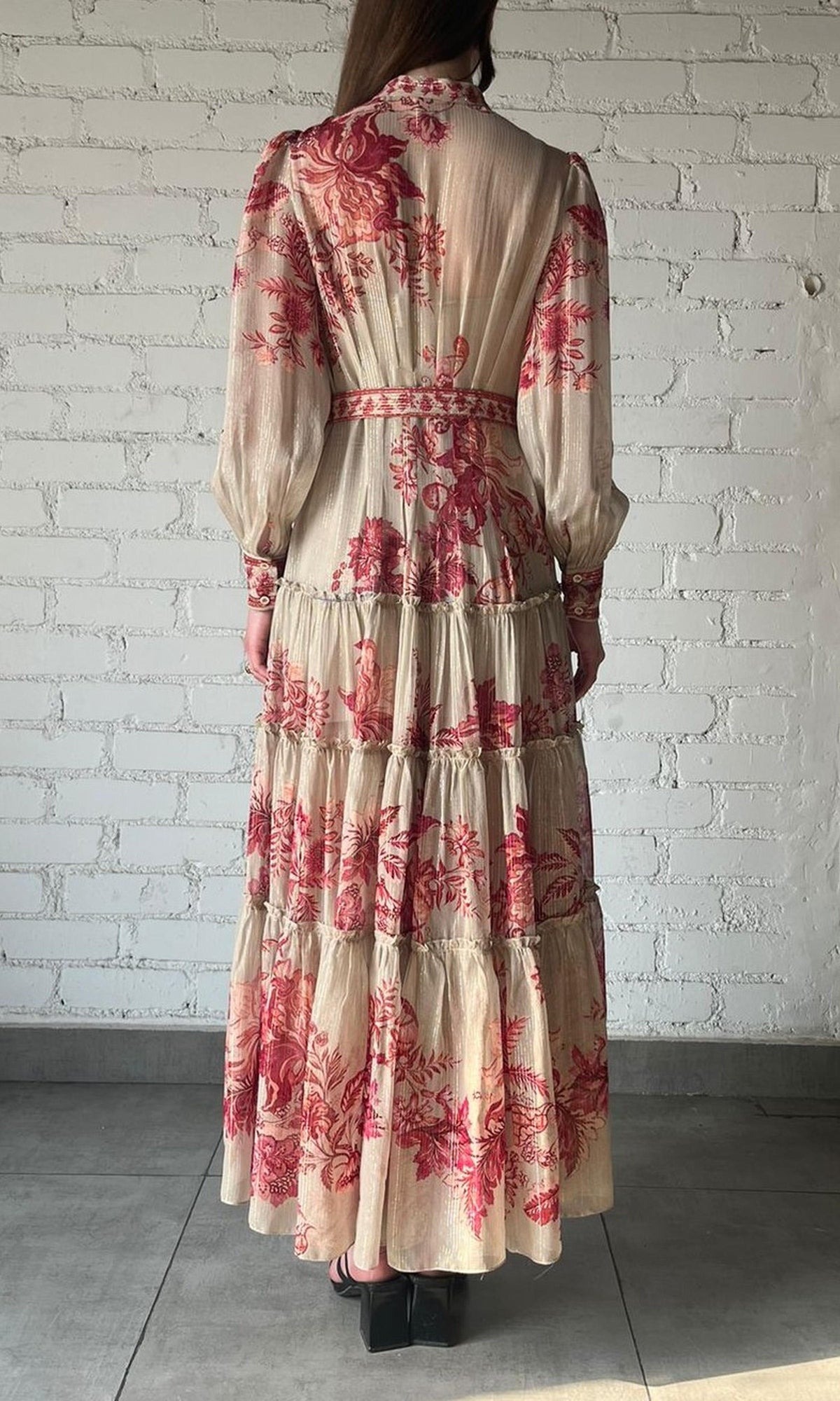 Womens | Aafa Viscose Georgette Stripe Lurex Long Shirt Dress | Beige