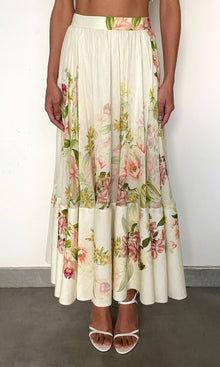 Hemant And Nandita | Aiva Viscose Organza Linen Midi Skirt | Ivory Floral