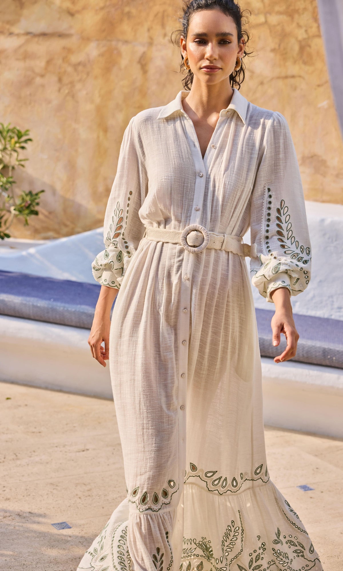 Hemant And Nandita | Alya Cotton Slub Long Dress With Buckle Belt And Slip | Off White
