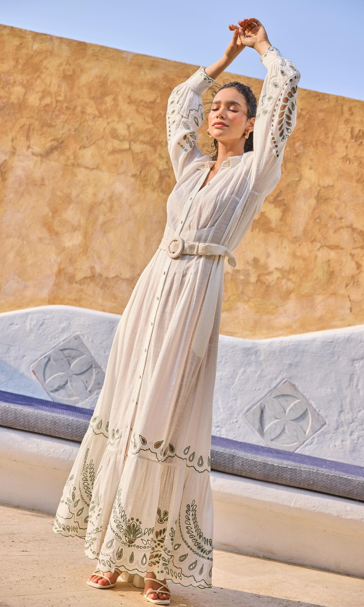 Hemant And Nandita | Alya Cotton Slub Long Dress With Buckle Belt And Slip | Off White