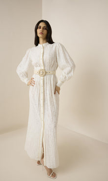 Hemant And Nandita | Anvi Viscose Nylon Jacquard Shirt Dress With Handcrafted Buttons And Belt | White